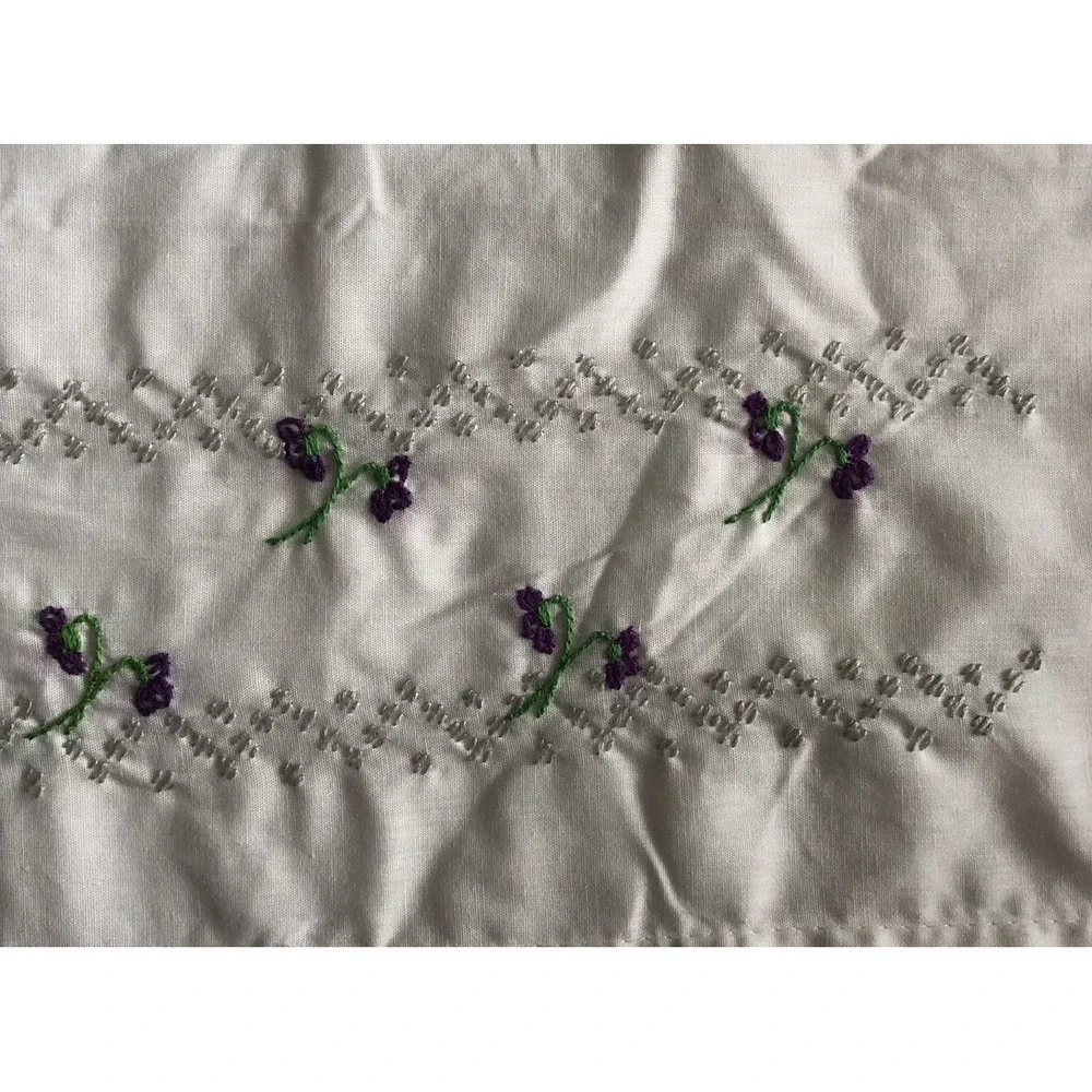 Vtg Embroidered Pillow Cases Pair 29x20 Purple Pansies Pink Ribbon Cottagecore